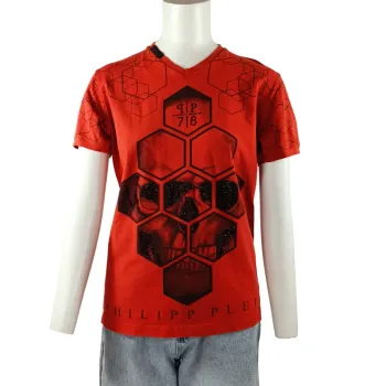 T-shirt rouge Philipp Plein skull strassé imprimé hexagonal Taille M A1184