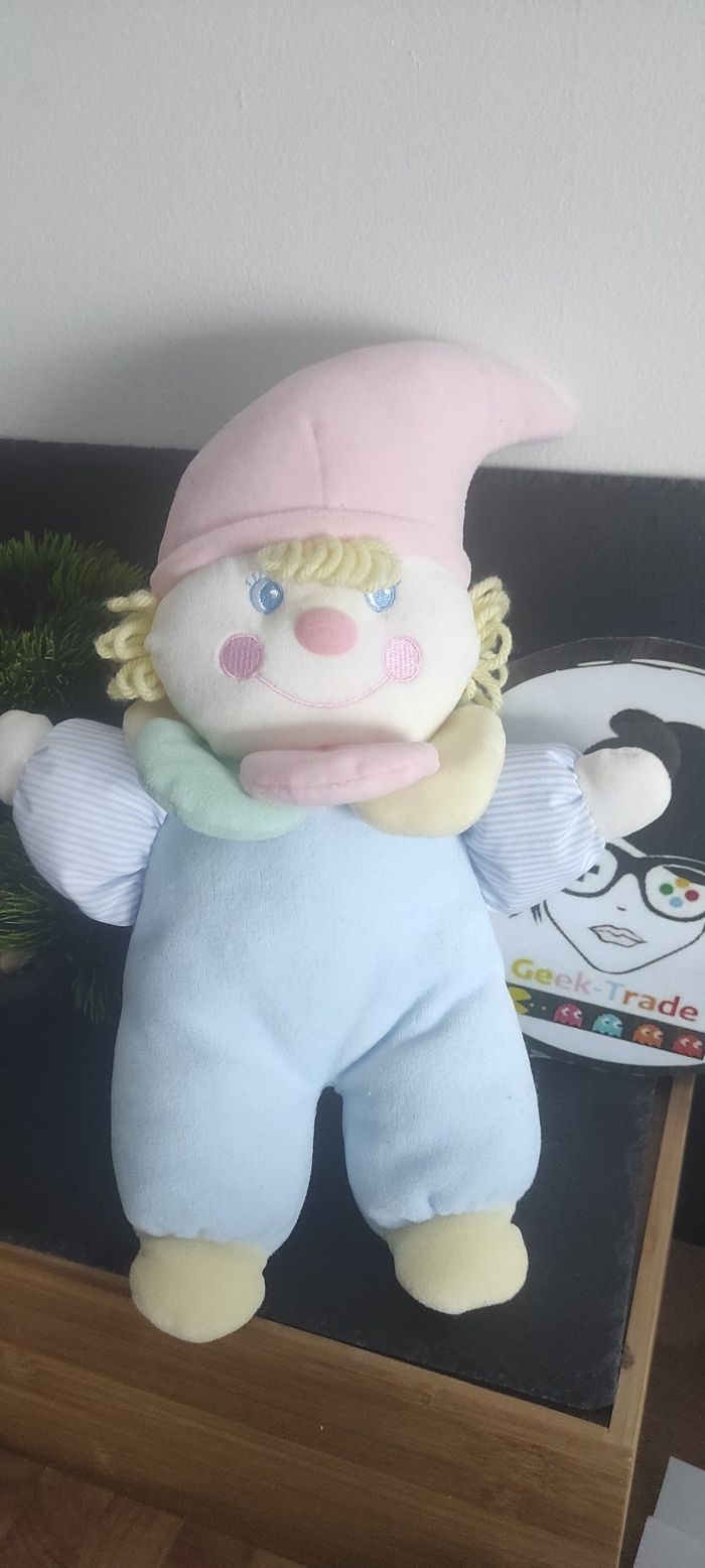 Doudou Peluche Vintage Jemini Clown Bleu Rose 32 Cm jaune vert laine rayé bonnet ancien