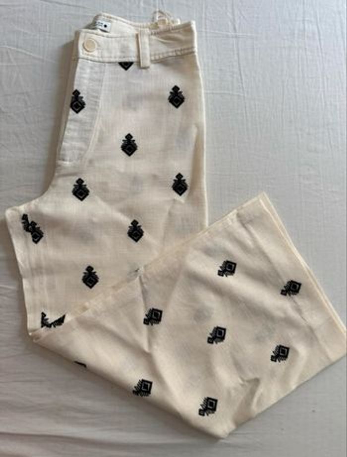 Pantalon Zara écru brodé noir – Taille S – Coupe droite chic - photo numéro 5