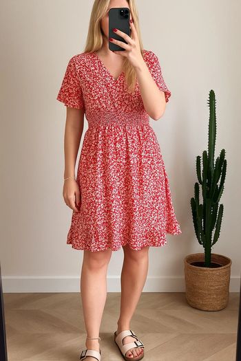 Robe évasée rouge à fleurs blanches Cache Cache taille 40