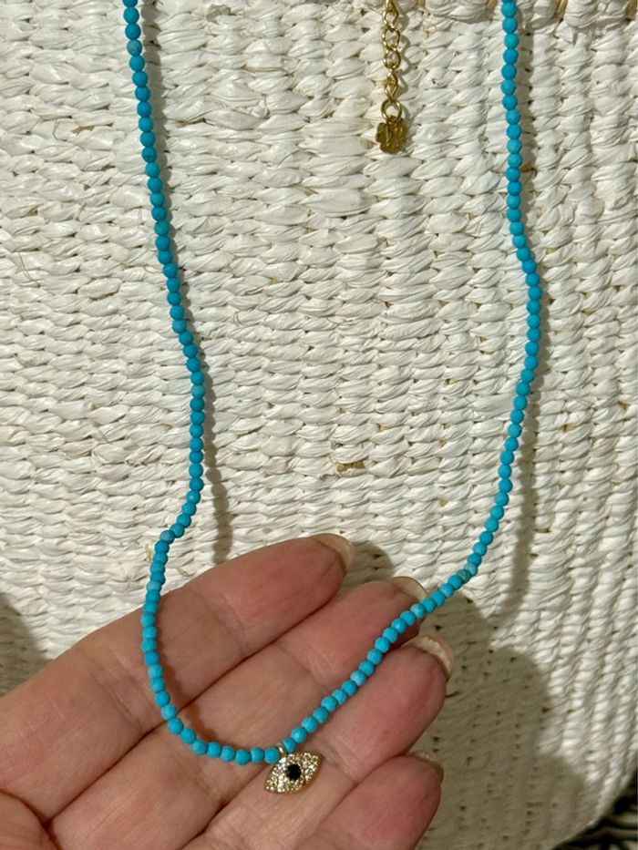Collier perles naturelles turquoise chaîne réglable œil cristaux habaha Paris - photo numéro 6