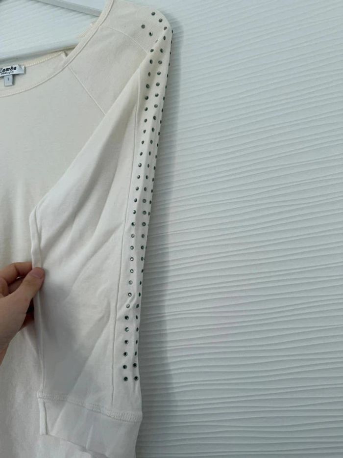 Haut t-shirt blanc crème uni manches 3/4 blanc avec strass col rond - photo numéro 4