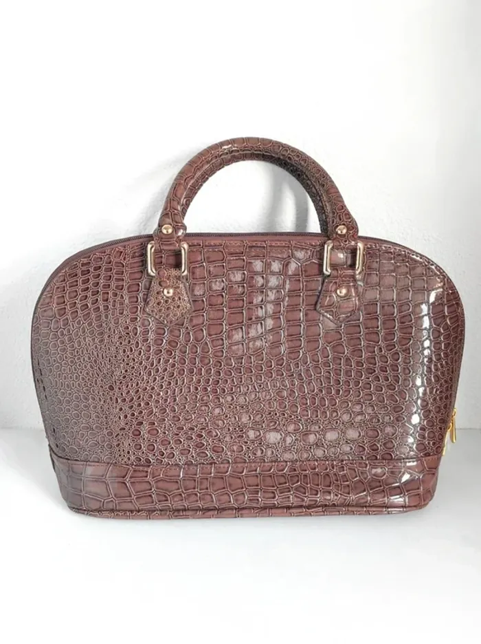 Sac à main marron cuir vernis bandoulière amovible écaille vintage / Lucia Tommasi - 33x24x17cm - photo numéro 9