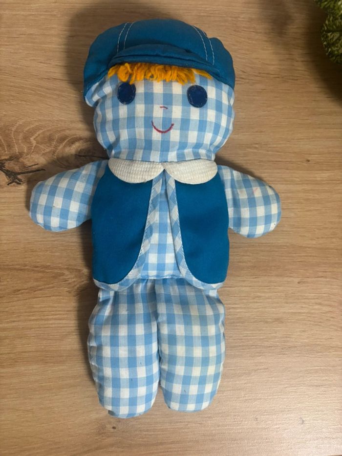 Vintage ancienne poupée chiffon bleu carreaux cholly Dolly Fisher Price 1977