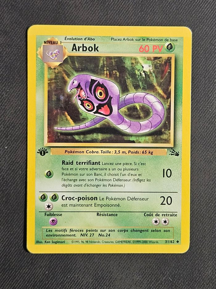 Carte Pokemon Arbok Fossile 31/62 1ere Edition - photo numéro 1