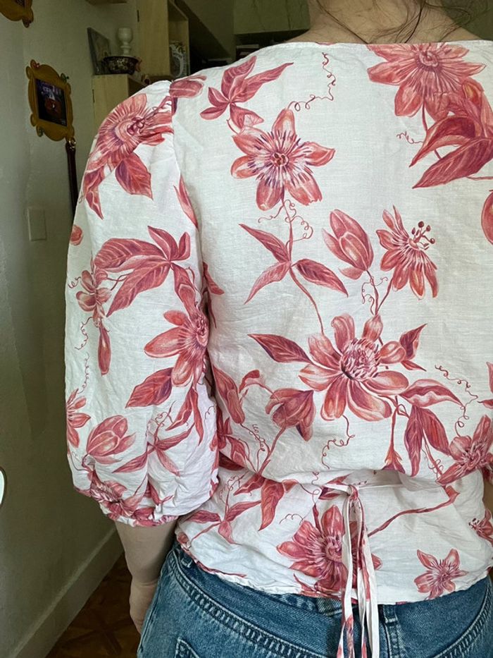 Chemisier croisé manches bouffantes rose et blanc H&M 36 - photo numéro 3