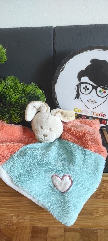 Doudou plat lapin bleu orange coeur bubble gum baby nat carré plat Blanc Beige