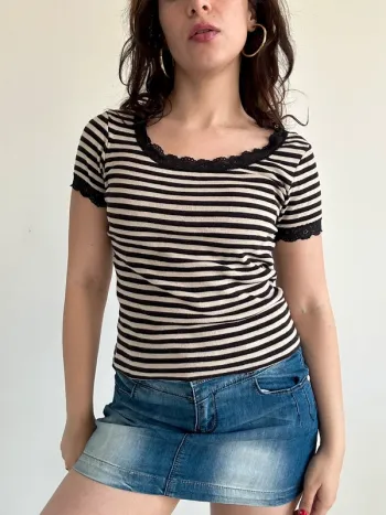 Haut manches courtes vintage beige et marron Caroll taille S