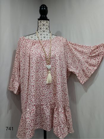 Blouse élégante grande taille 60/62 rose à imprimé floral – manches froncées et col rond, style décontracté chic toutes saisons