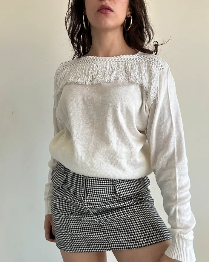 Pull blanc vintage années 80 à franges taille M