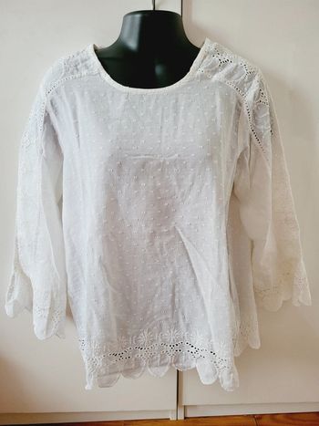 Haut Top tee shirt blouse motifs pois blancs en 100% coton manches originales taille L 40