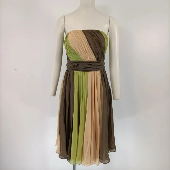 Robe bustier plissée Nougat London beige vert marron taille 38 cocktail été A100