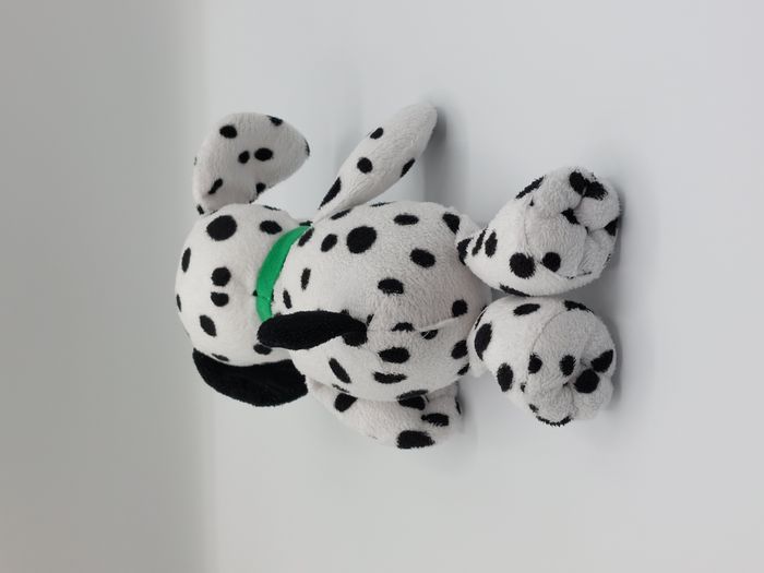 Peluche doudou chien dalmatien KINDER FERRERO noir blanc collier vert os 24 cm - photo numéro 3
