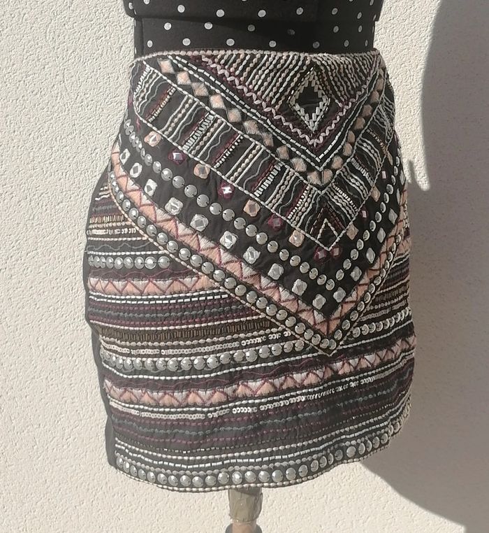 Mini-jupe ethnique bijoux broderie noir rose argenté Taille L Pimki - photo numéro 7