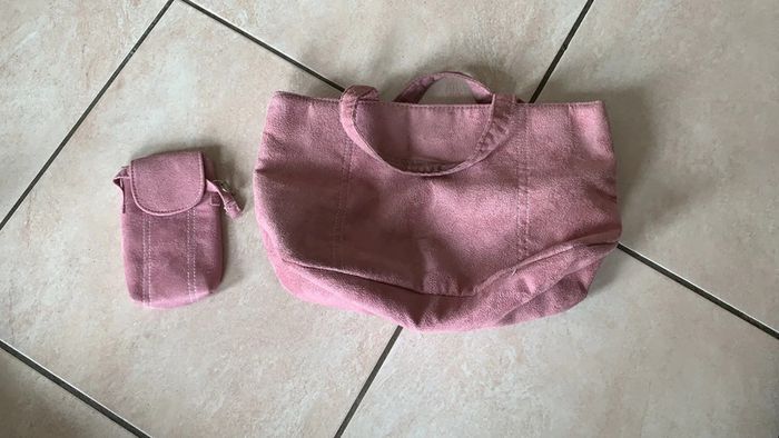 Sac et pochette téléphone rose imitation daim - photo numéro 2