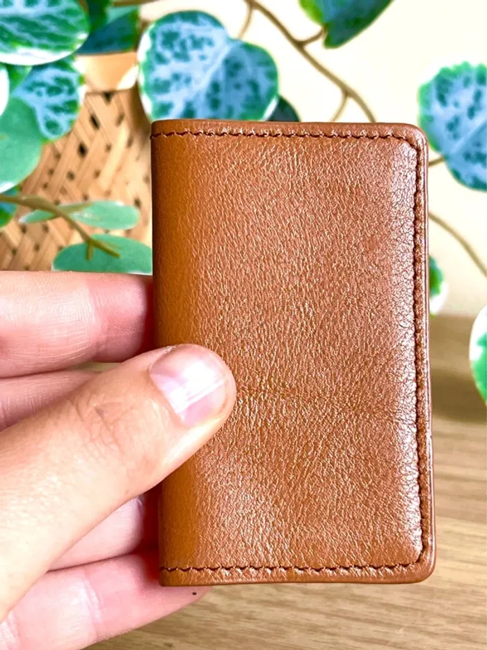 Porte cartes bicolore cuir rouge camel neuf sellerie compact - photo numéro 5