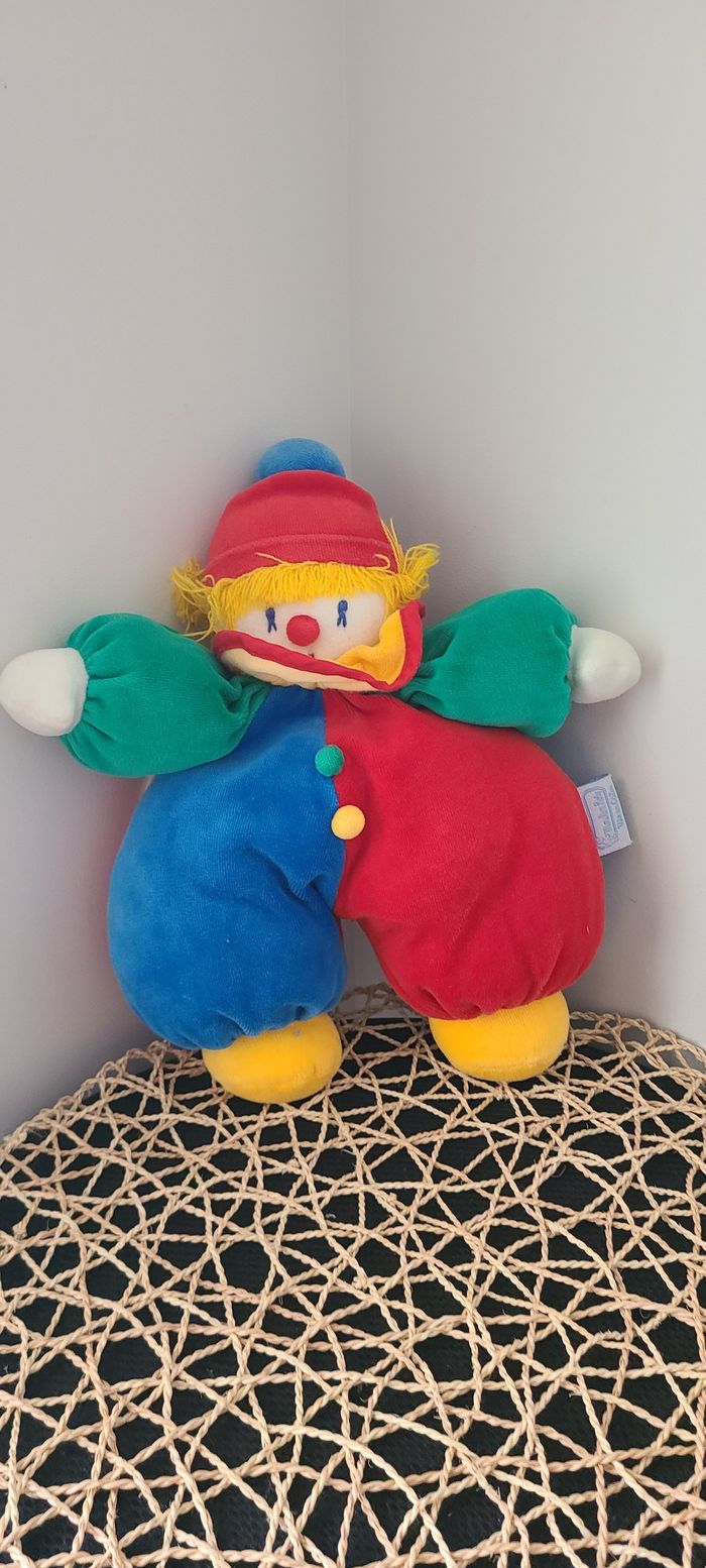 Peluche vintage Clown MOULIN ROTY vite un câlin rouge bleu jaune grelot 33 cm - photo numéro 3