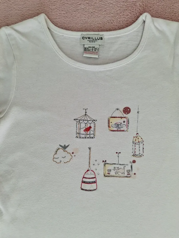 T-shirt manches longues Cyrillus 8 ans blanc motifs cages à oiseaux chat jaunes et oranges - photo numéro 3