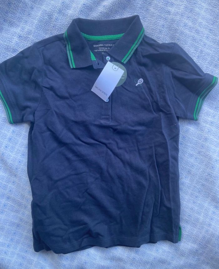 Polo manches courtes bleu marine vert Monoprix teens bio 10 ans neuf - photo numéro 1