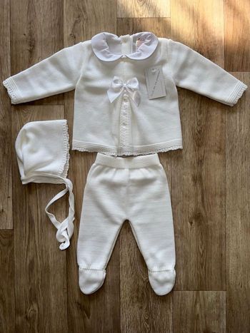 Ensemble bébé naissance 0/3mois maille noeud blanc neuf