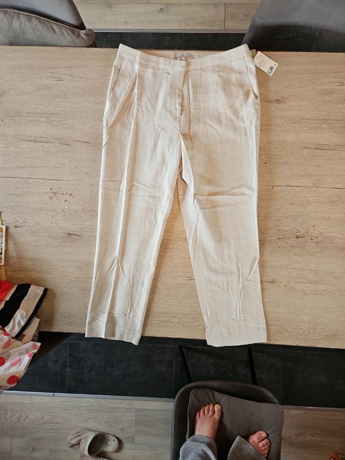 Pantalon claissique beige en lin et viscose, H&M, 44, neuf avec etiquette