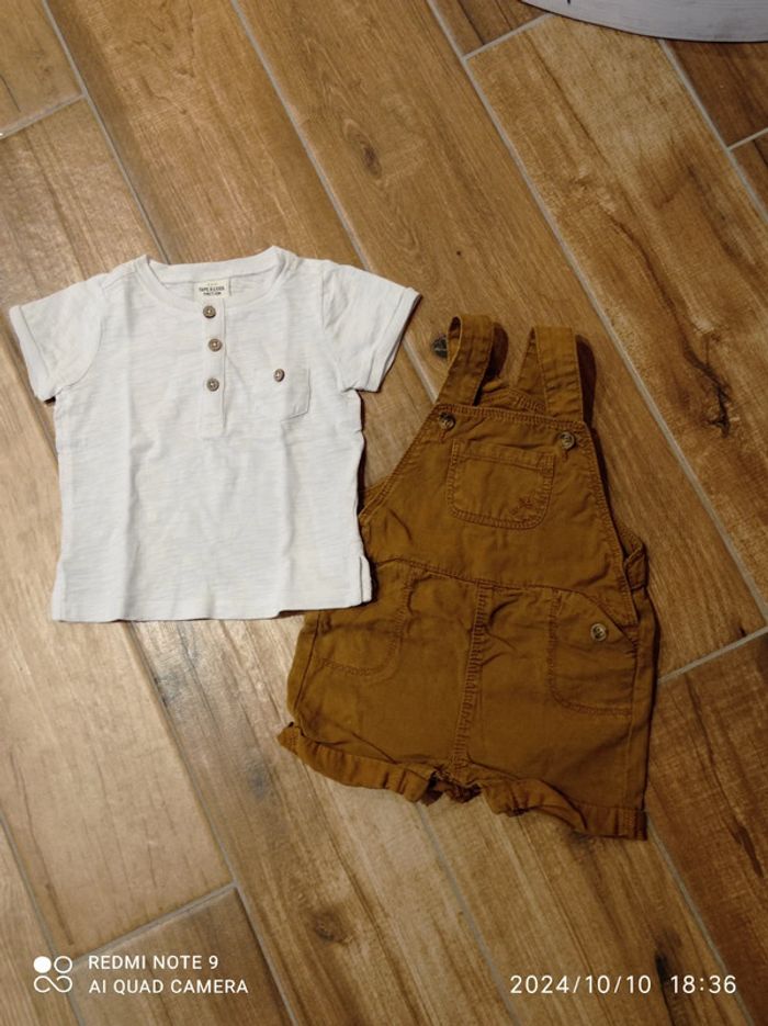 Ensemble salopette Camel + tee shirt écru 9 mois - photo numéro 2