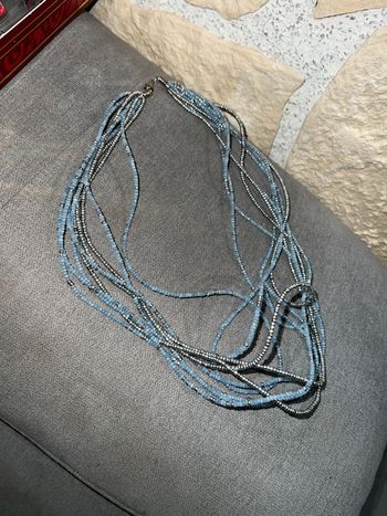 Collier sautoir femme perles bleu gris argenté multirangs camaïeu