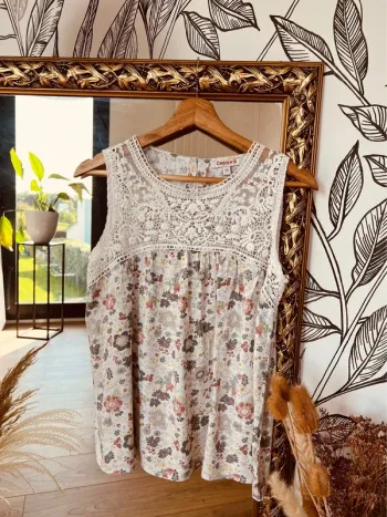 Taille M ~ 38 blouse sans manches femme Creek’s beige et kaki 🌺