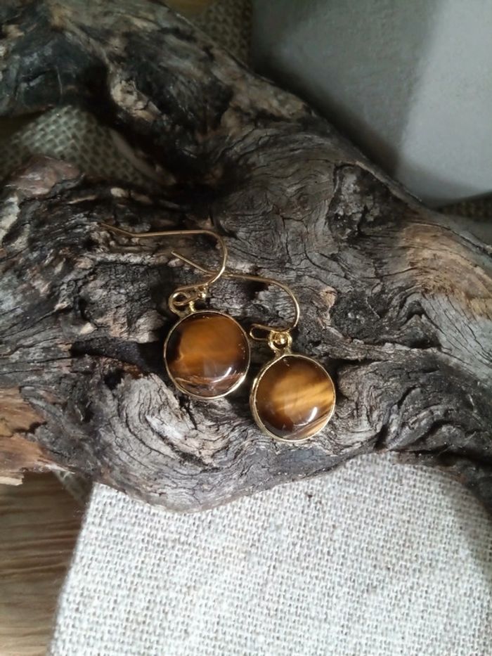 Boucles d'oreilles bohèmes pierres oeil de tigre - photo numéro 4