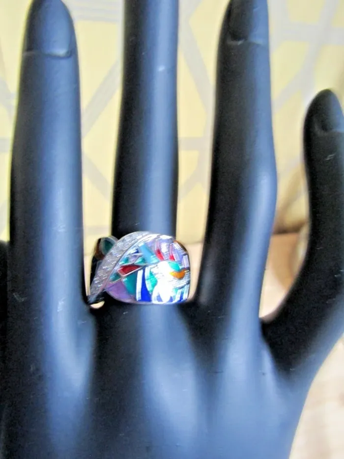bague en acier argenté + émaux + diamants taille 6 = taille Française 51.9 = 16.5 mm - photo numéro 3