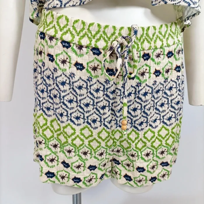 Ensemble ZARA coton imprimé ethnique vert bleu M haut boutonné + short taille cordon A567 - photo numéro 6