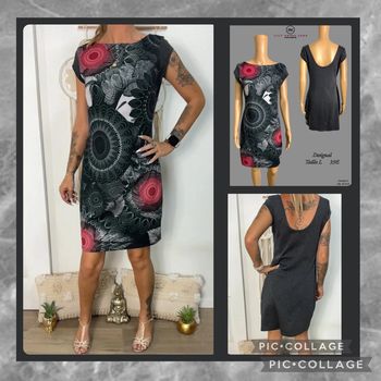 🩶 Robe courte graphique anthracite & rouge – Desigual – Taille l SOLDE -20% (vidéo portée dispo ) 🩶