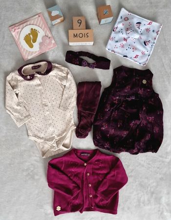 Ensemble Sergent Major cassis/sable : body + barboteuse + gilet + collant + bandeau - 9M (TBE)