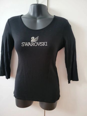 Tee shirt noir Swarovski cristaux cristal strass taille S 36 noir manches 3/4 vintage coquette