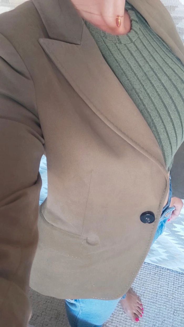 Veste Blazer Zara woman 36 beige marron coton élasthanne un bouton - photo numéro 4