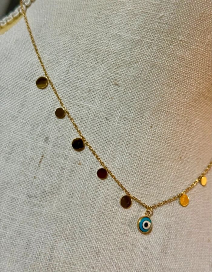 Collier chaîne réglable pampilles petites médailles œil acier inoxydable or habaha Paris - photo numéro 2