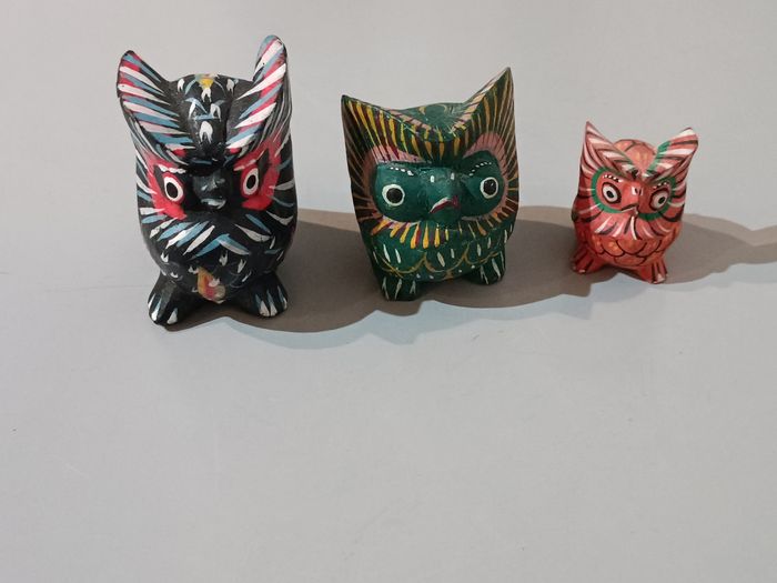 3 chouettes bois polychrome