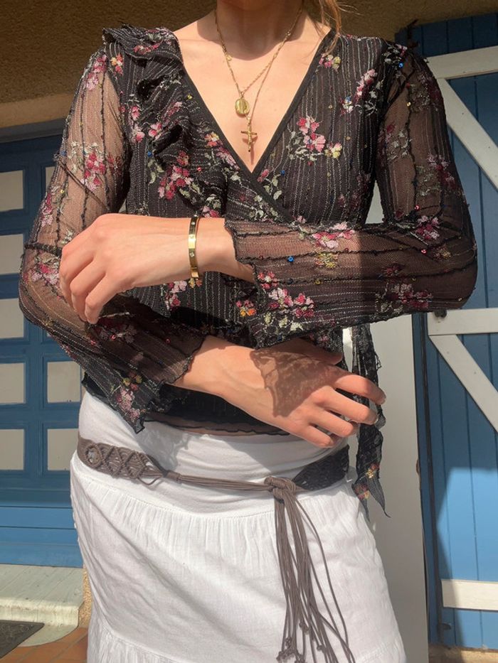 Blouse dentelle à froufrous siren office core solis vintage y2k 2000yer fleurie bohème champêtre - photo numéro 3