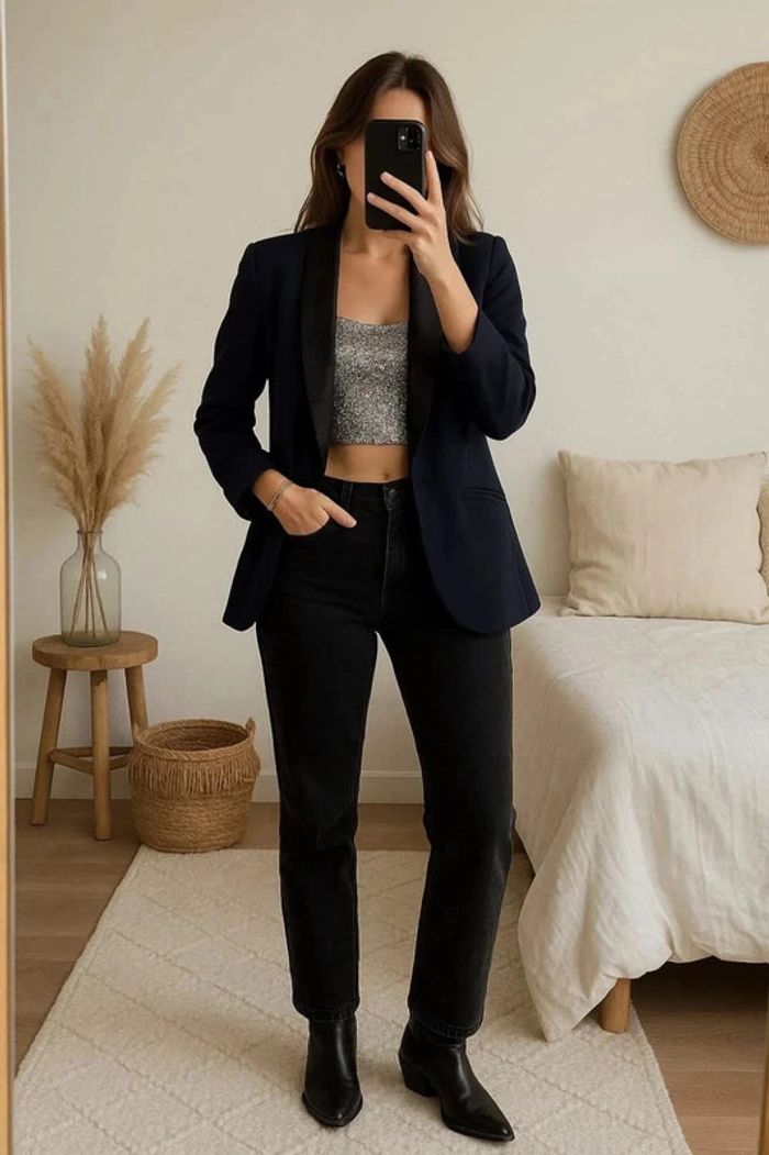 Veste blazer bleu marine Bel Air – Taille S – Pièce unique upcyclée par Tilli