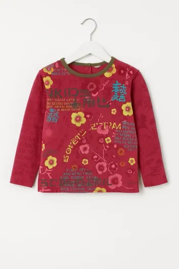 T-shirt manches longues fuchsia imprimé floral et caractères japonais - 5 ans