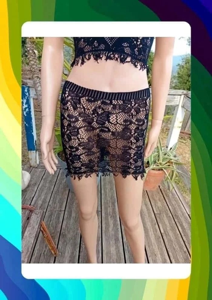 Ensemble haut +jupe de plage noir dentelle resille S - photo numéro 4