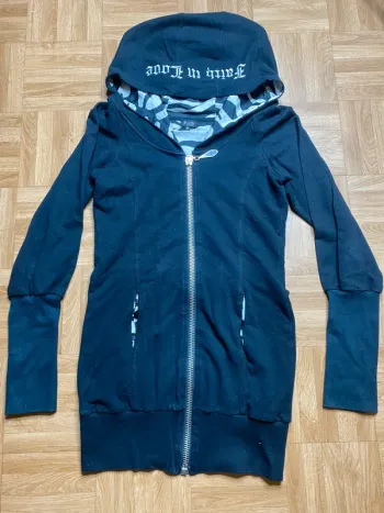 Veste à capuche zippée long noir intérieur zèbre vintage Faith Connexion