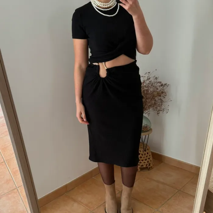 Jupe Midi H&M Noire Côtelée avec Détail Boucle
