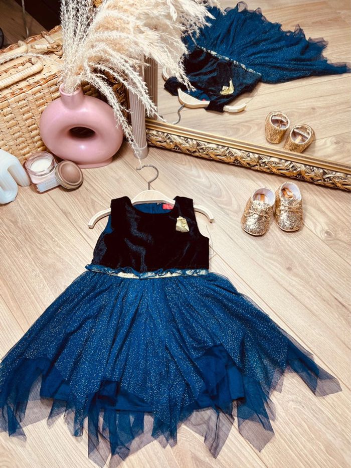 Taille 12 mois robe de fête fille Tissaia bleue marine et doré * velours tulle scintillant * 🎀