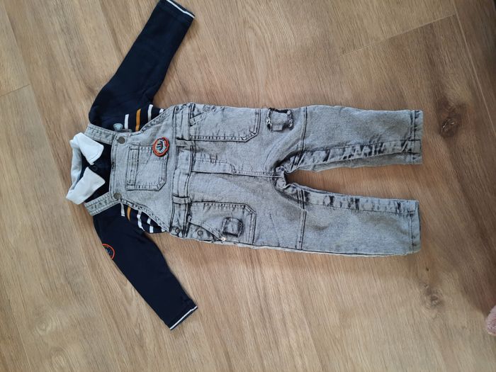 Ensemble garçon salopette-pantalon en jean gris+polo bleu marine à manches longues Orchestra 12 mois - photo numéro 2