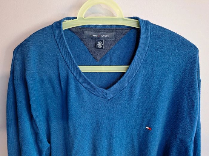 Pull tommy hilfiger bleu homme - taille XL - col V - coton - photo numéro 2