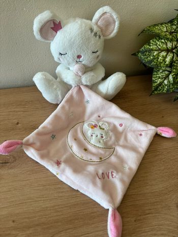 Doudou souris blanche mouchoir rose lune étoile love simba toys