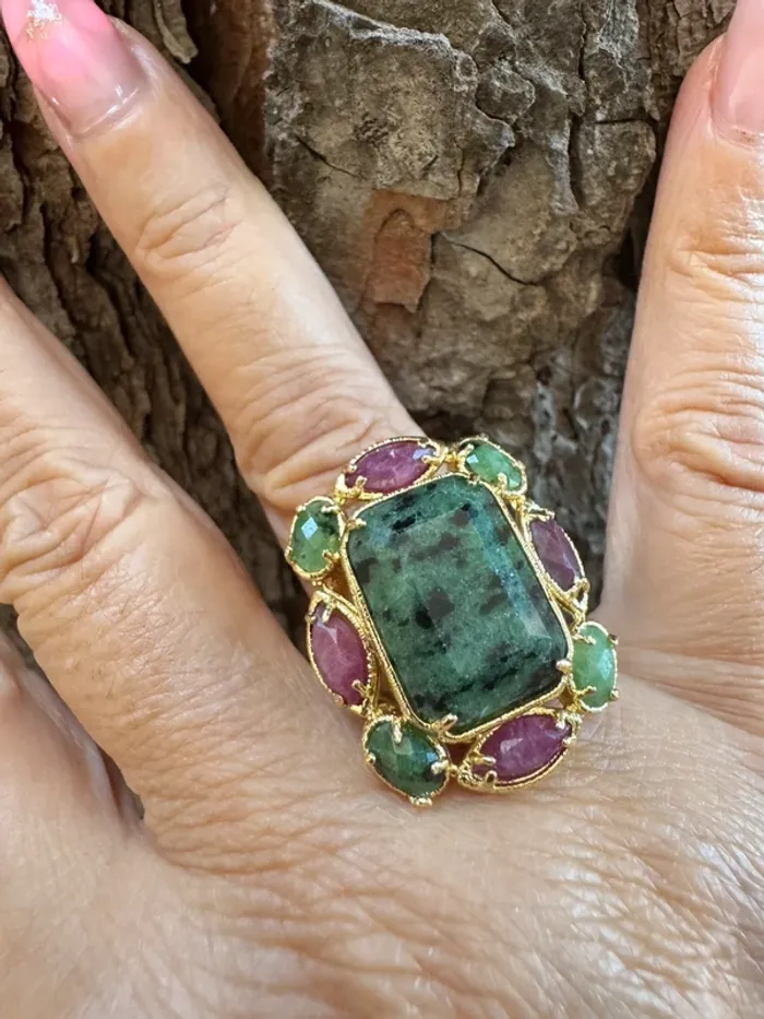 Grosse bague habaha paris amazonite malachite jade rose acier inoxydable or
