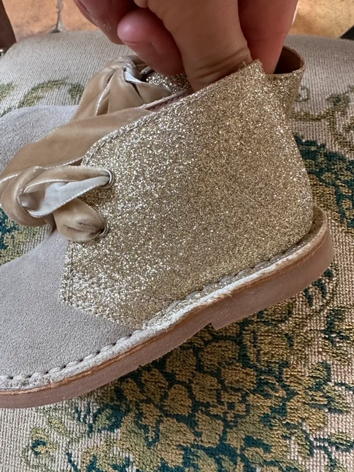 NEUF Chaussures bottines bébé cuir 23 Lola Palacios fille beige or dorées paillettes noeud - photo numéro 4