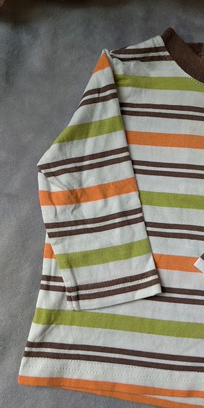 Tee shirt manches longues rayé marron vert orange Garçon 6 mois 100% coton - photo numéro 3